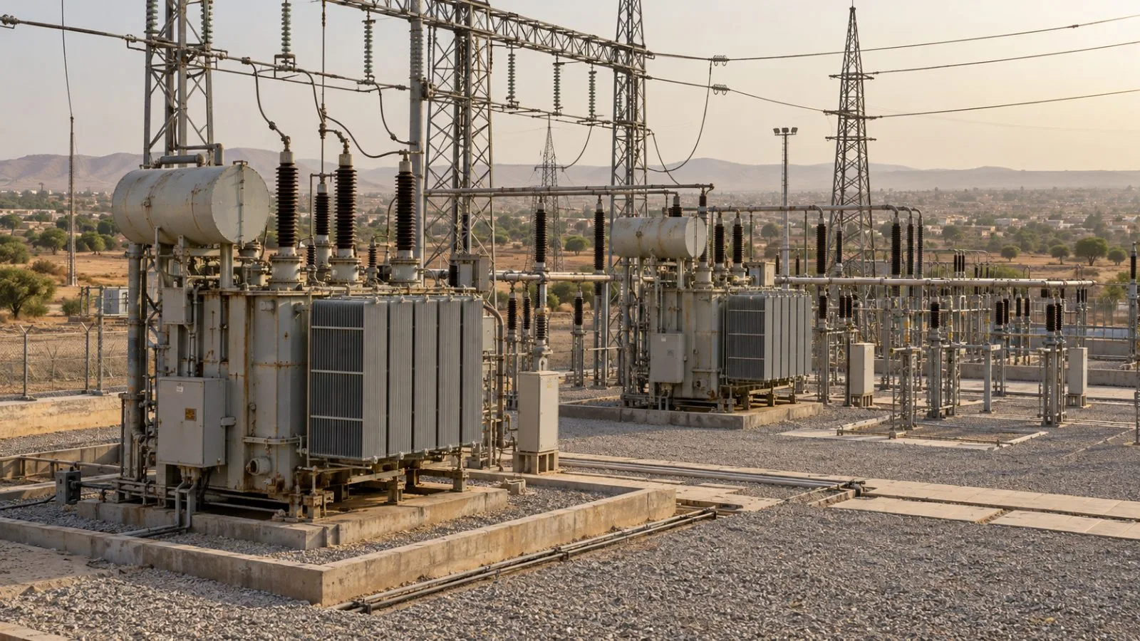 Power transformers and transmission lines stand at a substation in Walalambe, Kano State, Nigeria. (AI-generated image / EconoTimes)