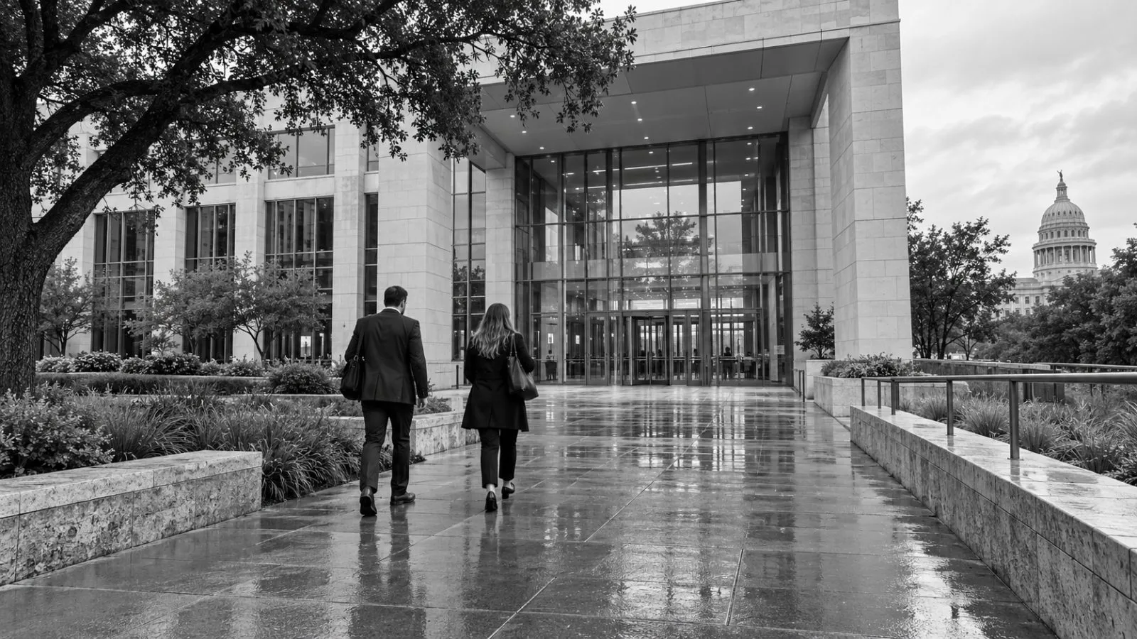 Visitors approach a state agriculture agency office building in Austin beneath an overcast sky (AI-generated image / EconoTimes)
