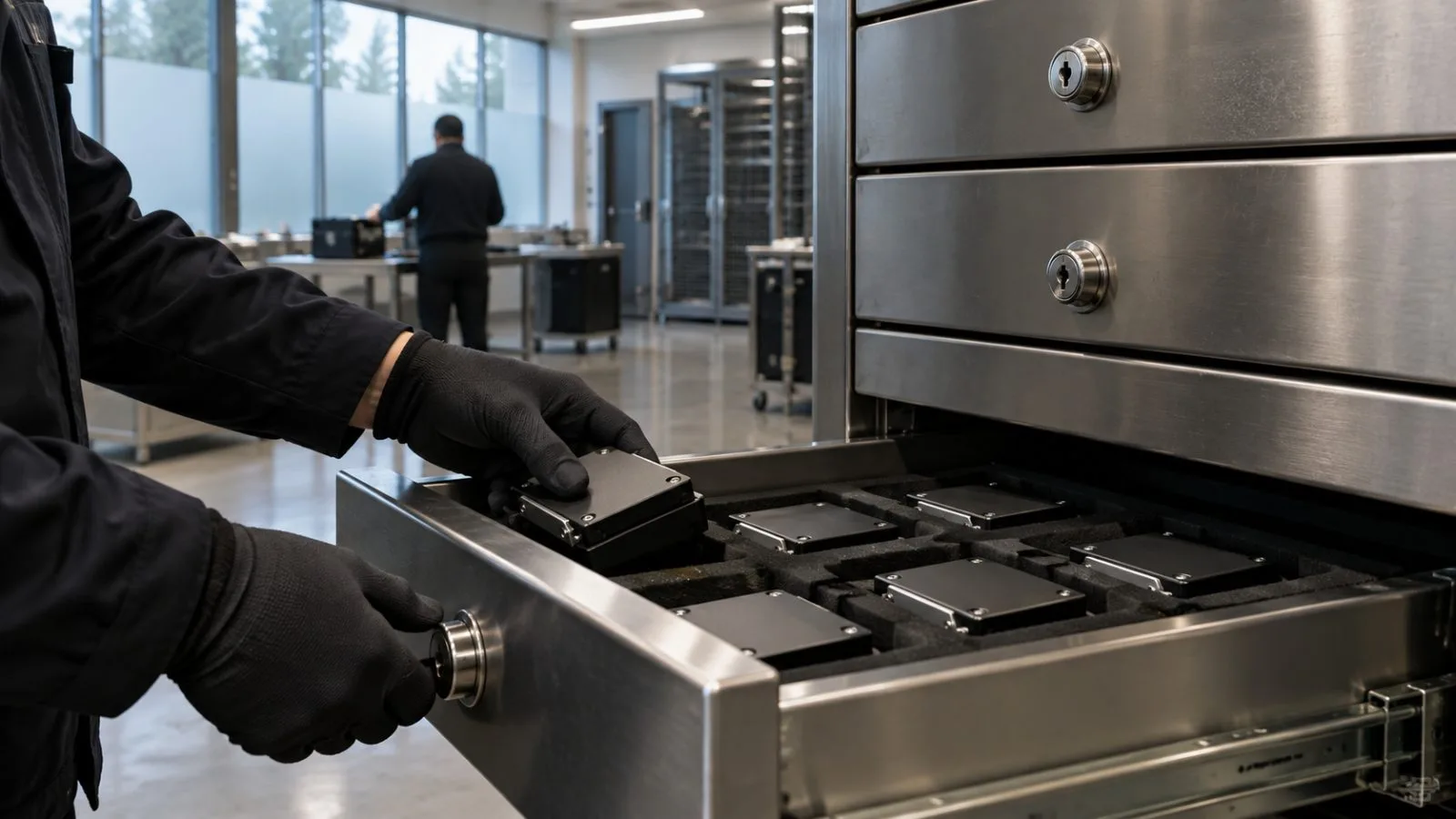 Gloved hands place hardware security modules in separate locked drawers at a custody facility in Palo Alto, California. / EconoTimes.ai