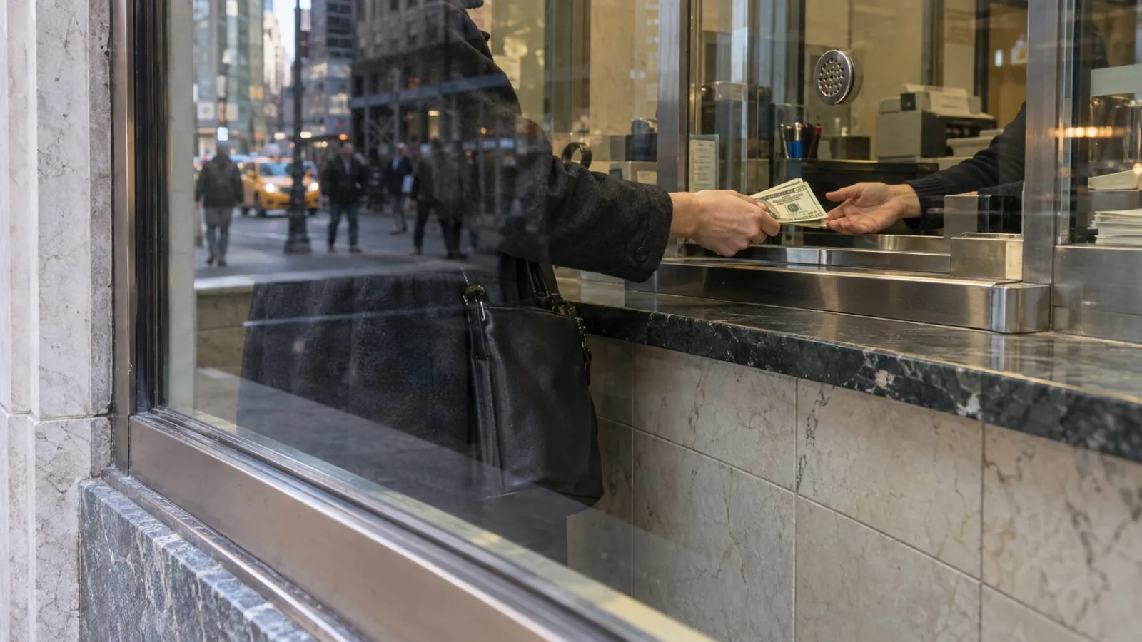 A customer passes dollar bills across a currency exchange counter in Manhattan. (AI-generated image / EconoTimes)