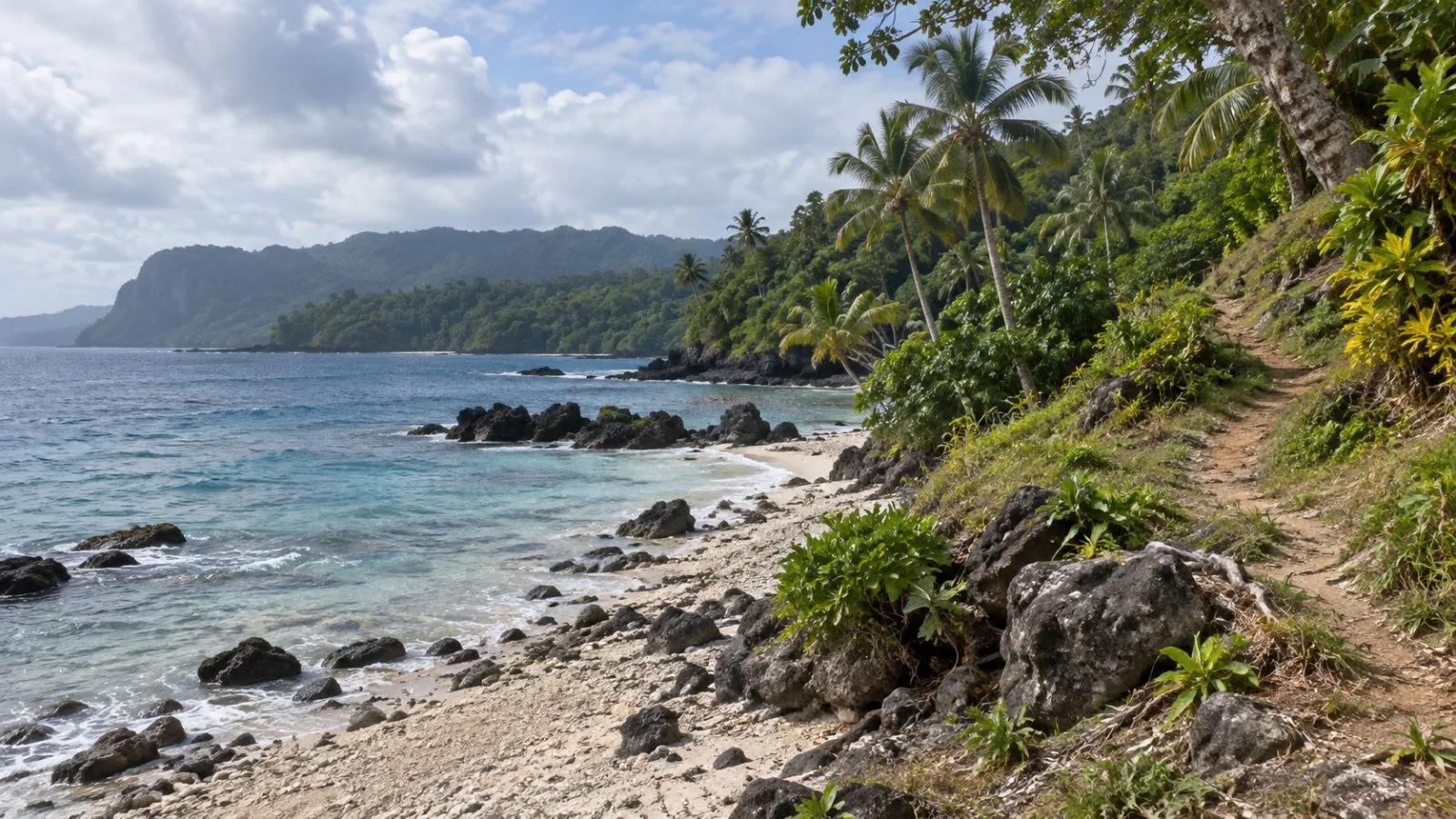 The Pacific shoreline and an inland path near Port-Olry, Vanuatu, in afternoon light (AI-generated image / EconoTimes)