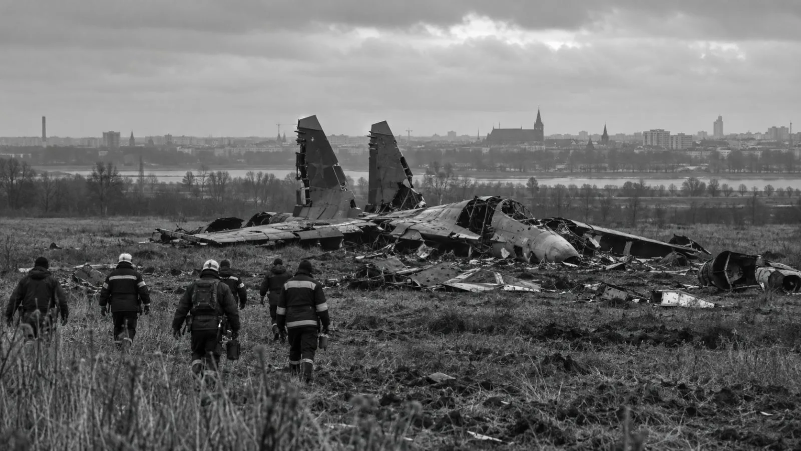 Rescuers approach fighter jet wreckage in open ground in Russia’s Kaliningrad region. (AI-generated image / EconoTimes)