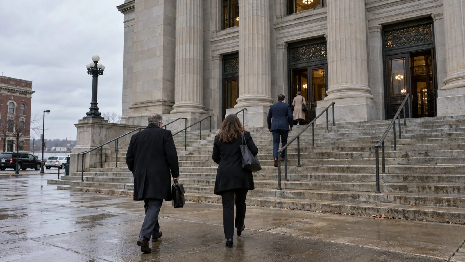 People approach a federal courthouse in Quincy, Illinois, beneath an overcast autumn sky. (AI-generated image / EconoTimes)