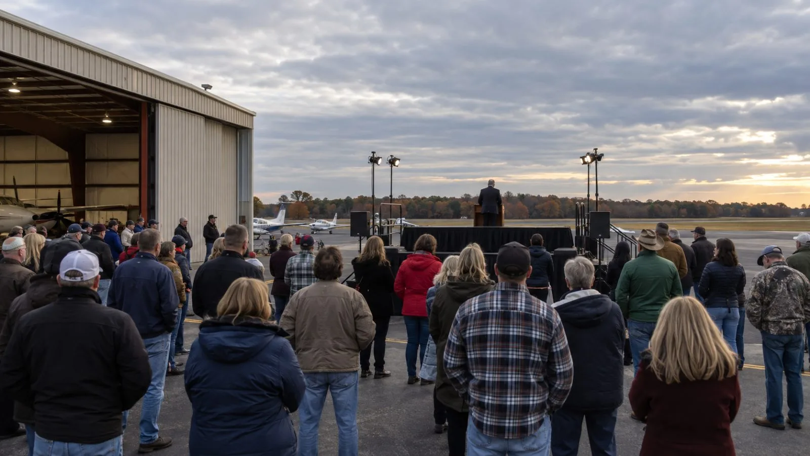A crowd gathers at a campaign rally at Pitt-Greenville Airport in Greenville, North Carolina. (AI-generated image / EconoTimes)