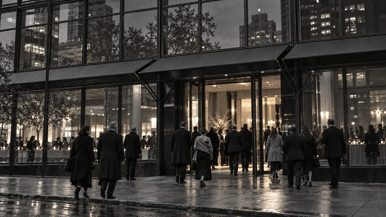 Guests arrive at The Glasshouse in New York City for an evening benefit. / EconoTimes.ai