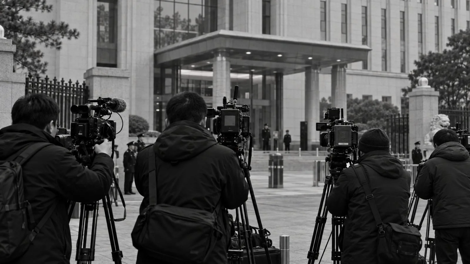 Camera operators stand outside China's Foreign Ministry in Beijing under an overcast sky. (AI-generated image / EconoTimes)