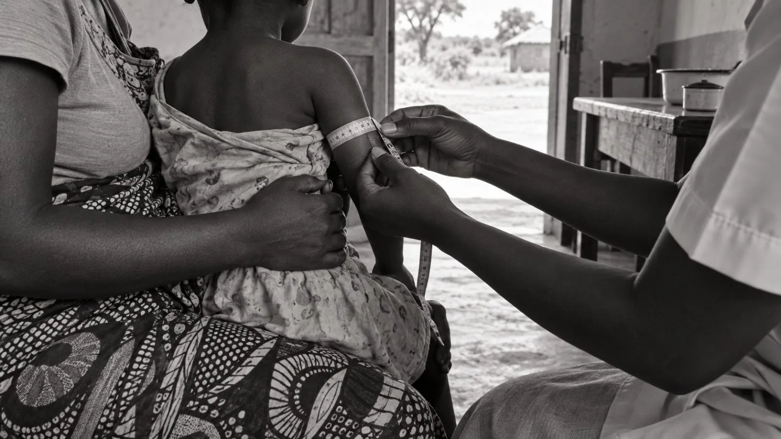 A health worker screens a child for malnutrition at a refugee clinic in Dollo Ado, Ethiopia. (AI-generated image / EconoTimes)