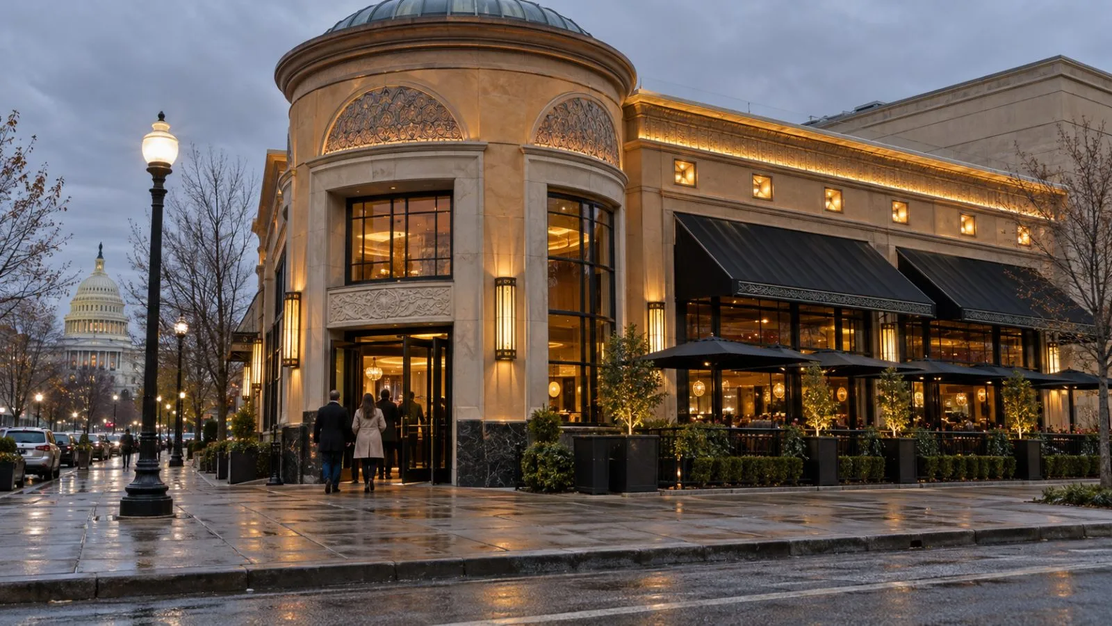 Diners enter a Cheesecake Factory restaurant in Washington, D.C., on an overcast evening. (AI-generated image / EconoTimes)