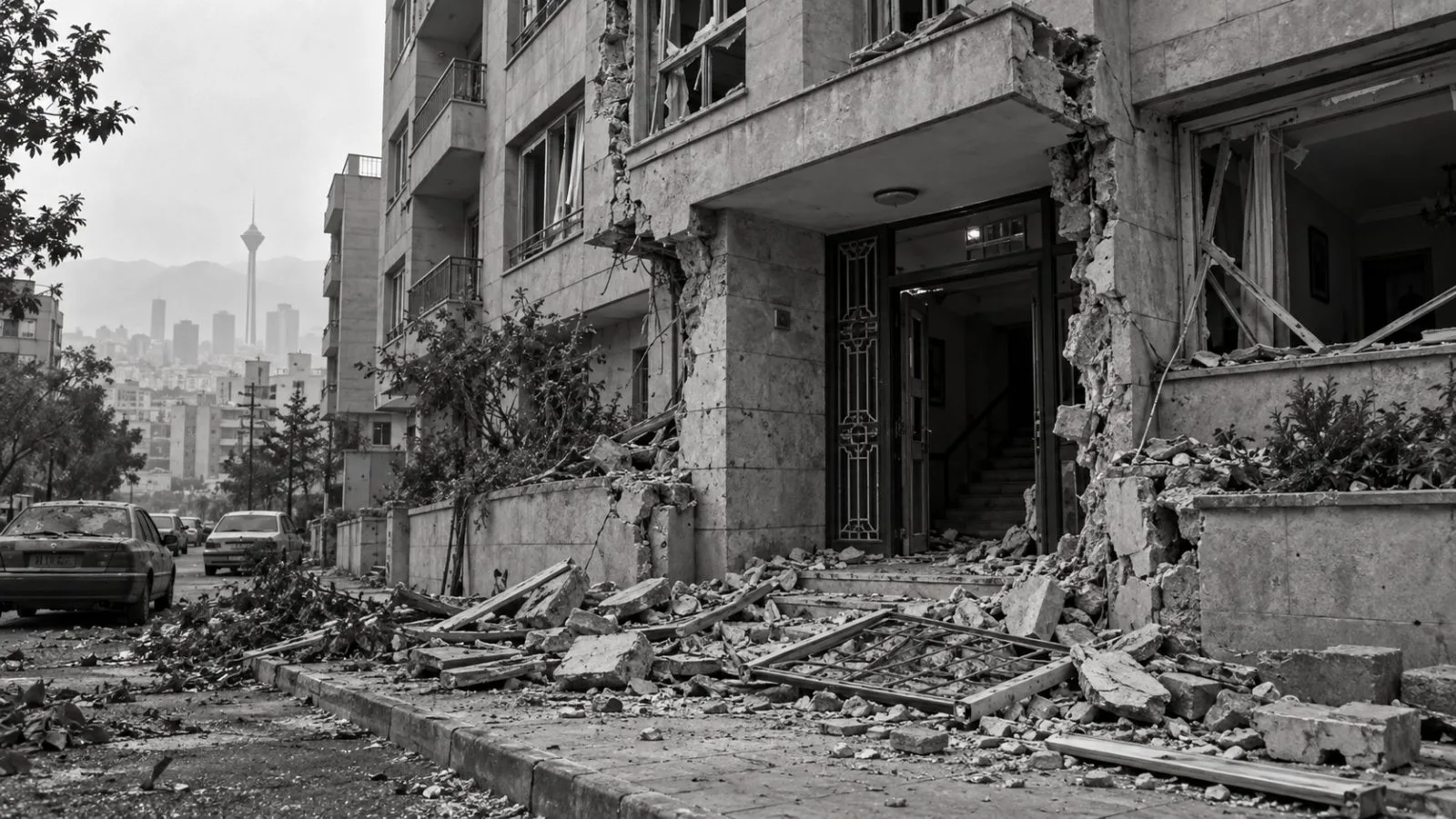 A damaged apartment building stands amid debris in Tehran's Resalat neighborhood. (AI-generated image / EconoTimes)