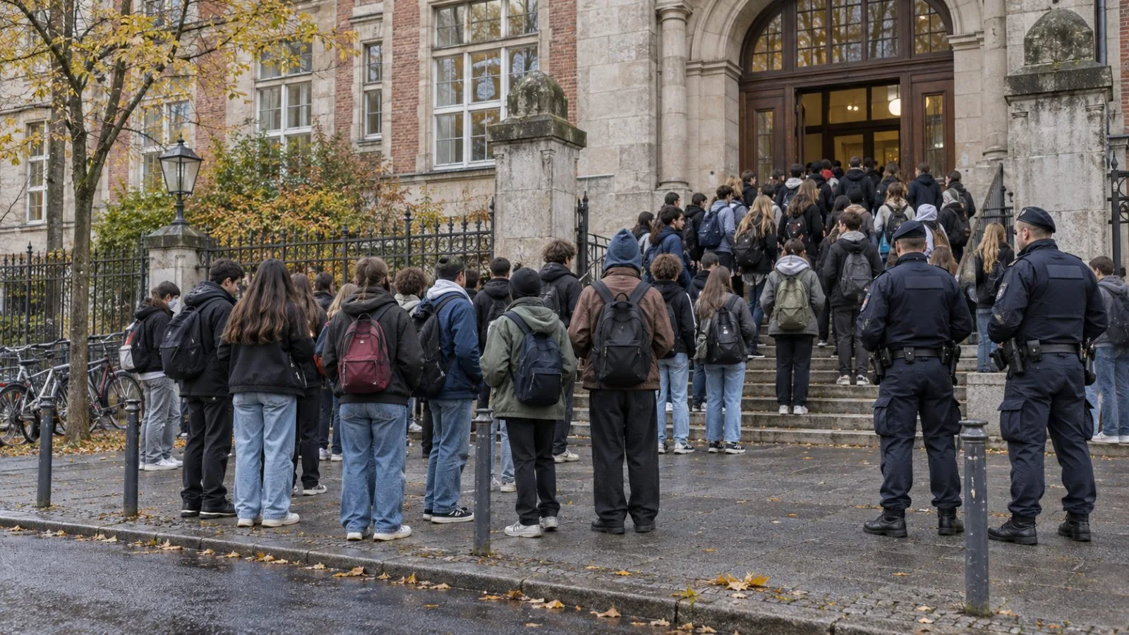 Students gather near a school entrance as police stand nearby in Berlin, Germany. (AI-generated image / EconoTimes)