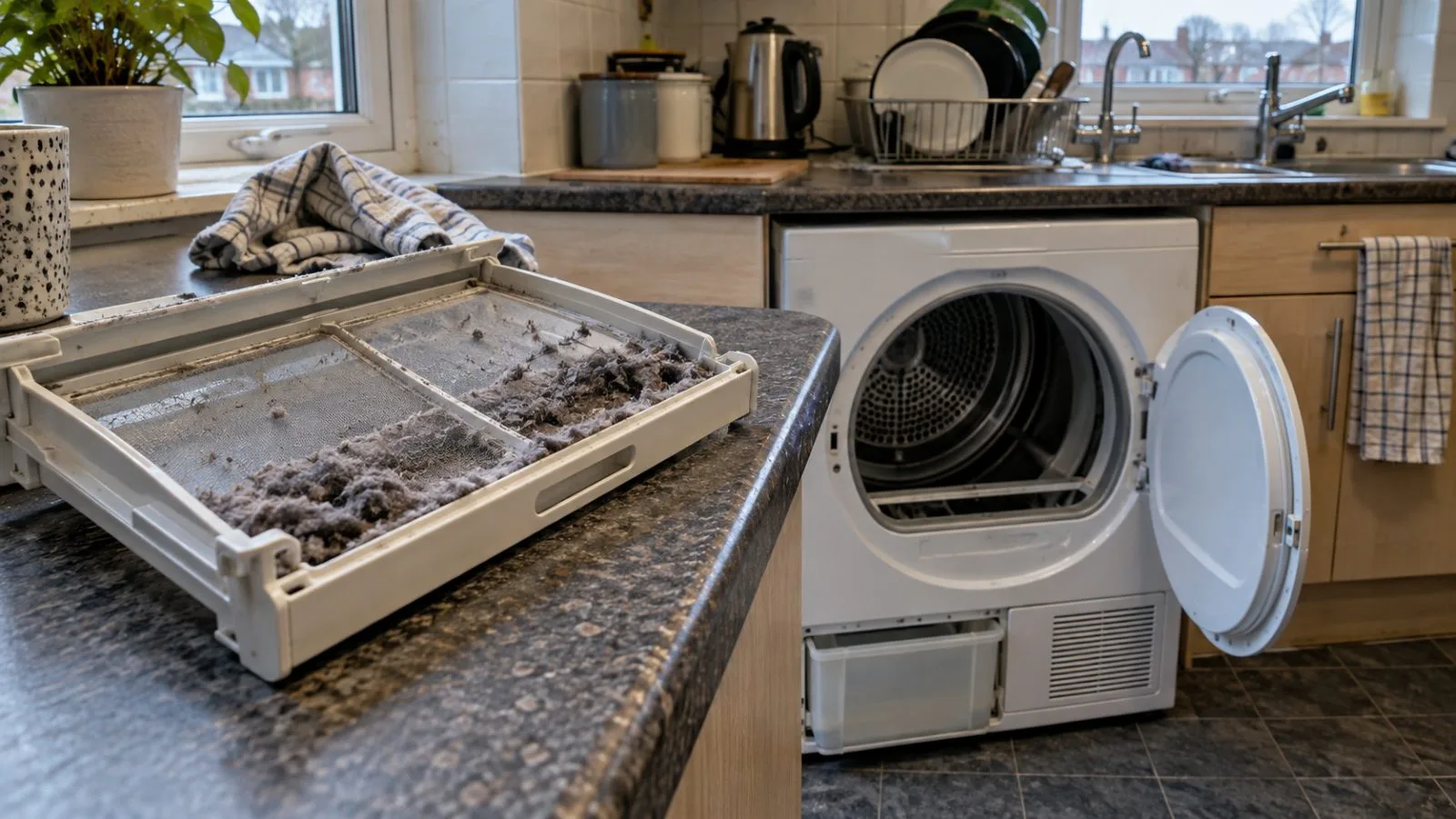 An unbranded condenser tumble dryer stands in a domestic kitchen in Heckmondwike, West Yorkshire. (AI-generated image / EconoTimes)
