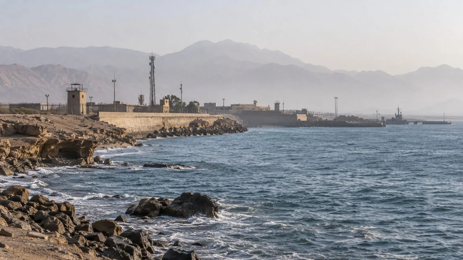 The perimeter of Konarak naval base faces the Gulf of Oman in Iran. (AI-generated image / EconoTimes)