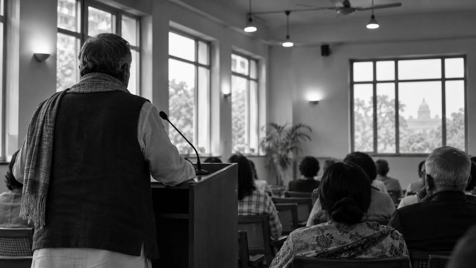 Attendees listen to a speaker at a rural development awards ceremony in New Delhi. (AI-generated image / EconoTimes)