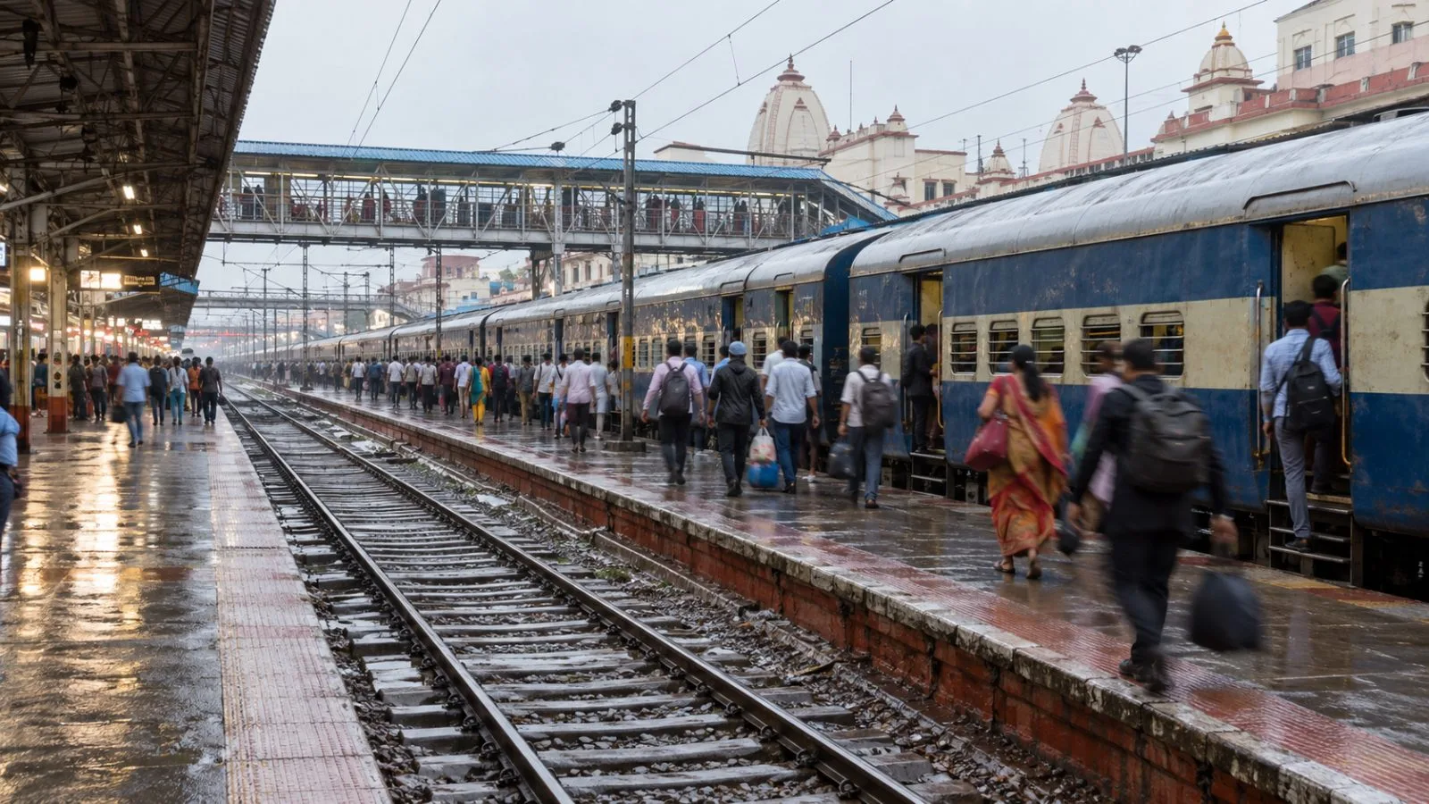 Passengers board a train at Varanasi Junction in Varanasi, India. (AI-generated image / EconoTimes)