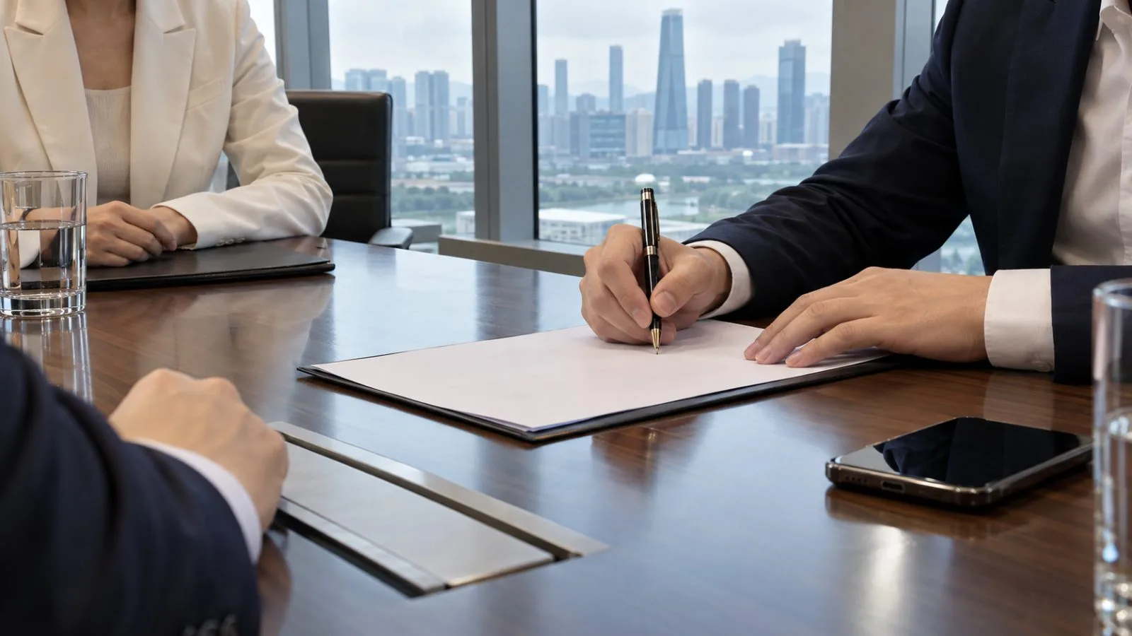 Hands sign an agreement at Tencent headquarters in Shenzhen, China. (AI-generated image / EconoTimes)
