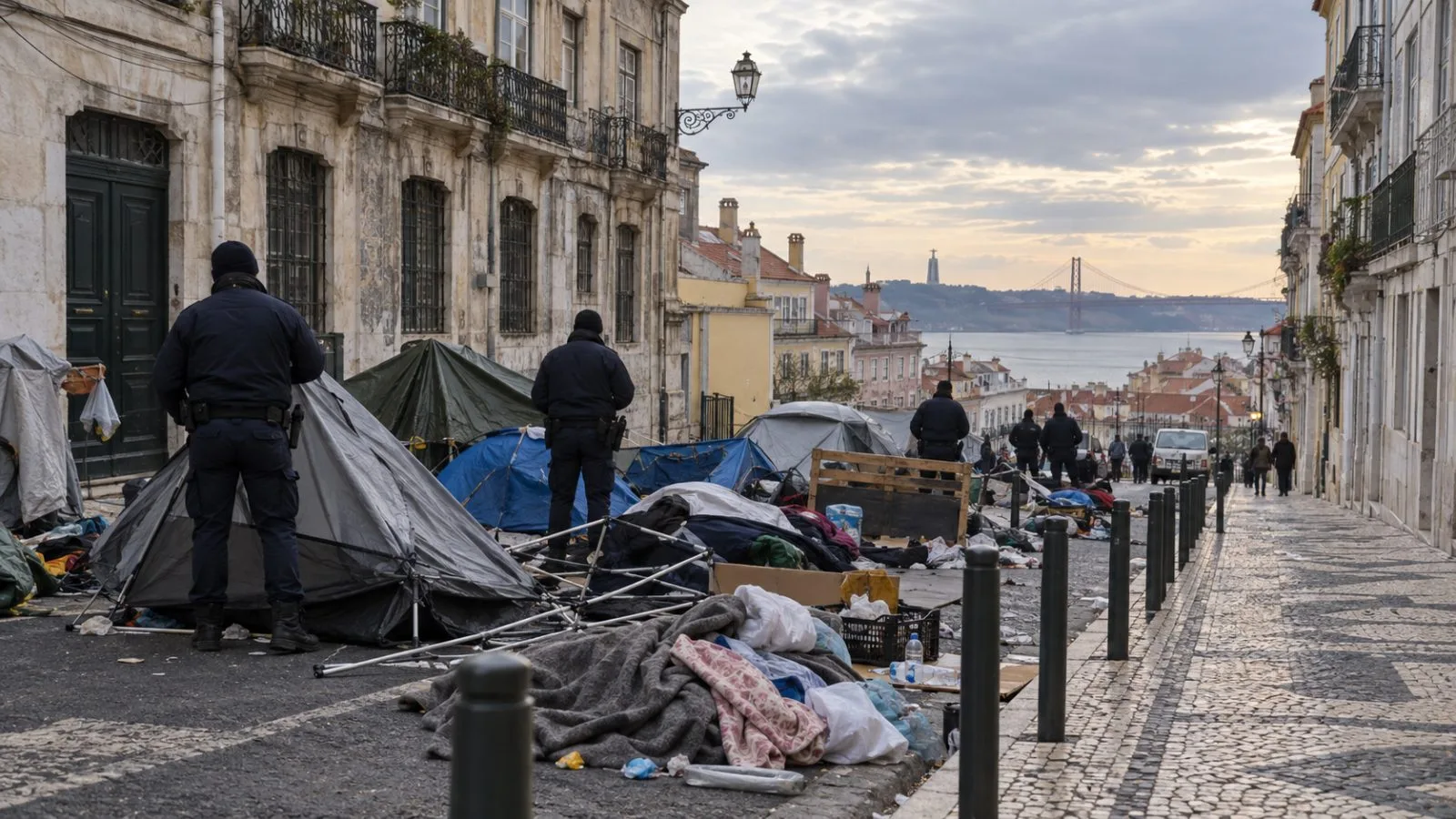 Police stand beside dismantled temporary encampment structures after a housing protest in Lisbon, Portugal (AI-generated image / EconoTimes)