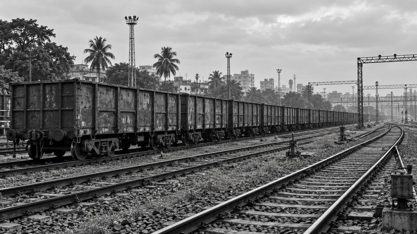 Open freight wagons stand on a railway siding in Kolkata, India. / EconoTimes.ai