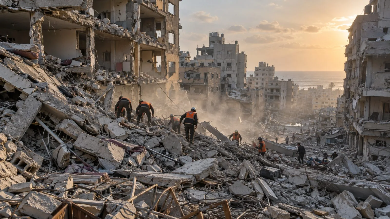 Workers sift through rubble beside damaged apartment buildings in Gaza City, Palestine. (AI-generated image / EconoTimes)