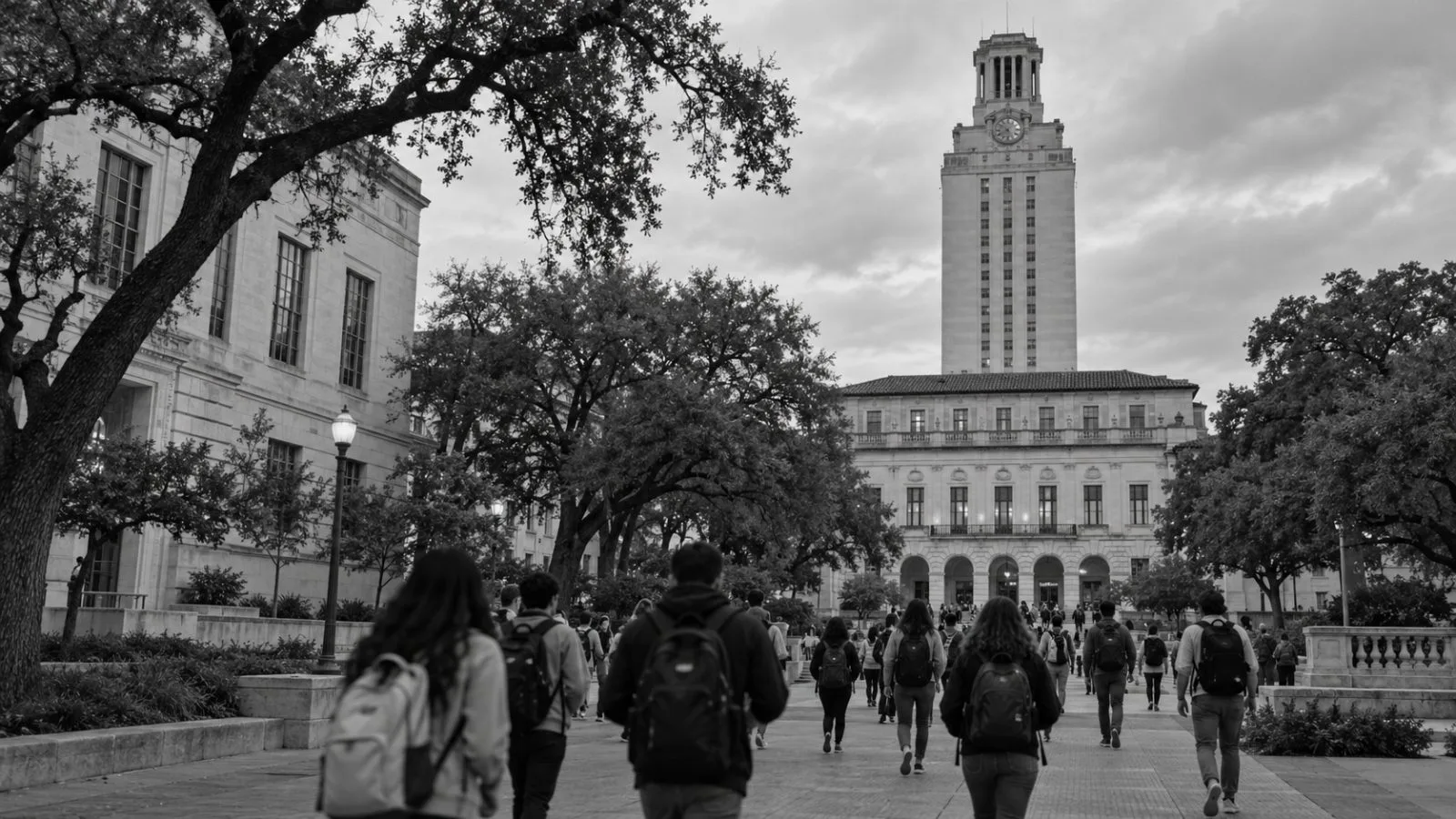 Students arrive at an event venue on the University of Texas at Austin campus in Austin, Texas. (AI-generated image / EconoTimes)