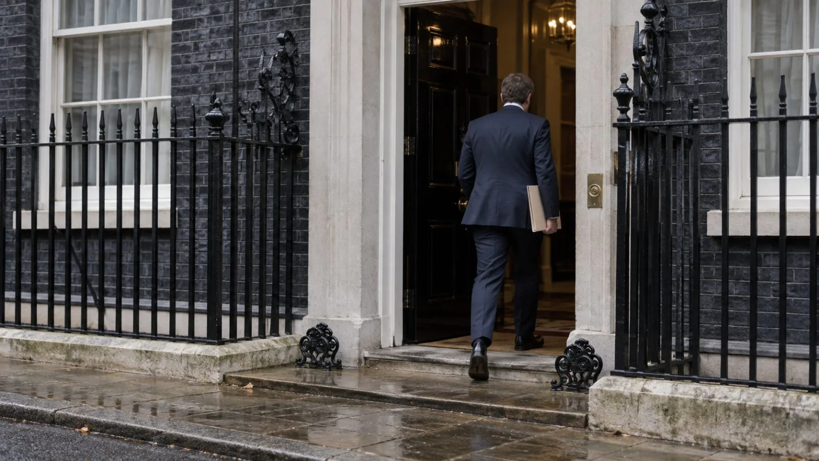 A staff member carries a folder through a government doorway on Downing Street in London. (AI-generated image / EconoTimes)