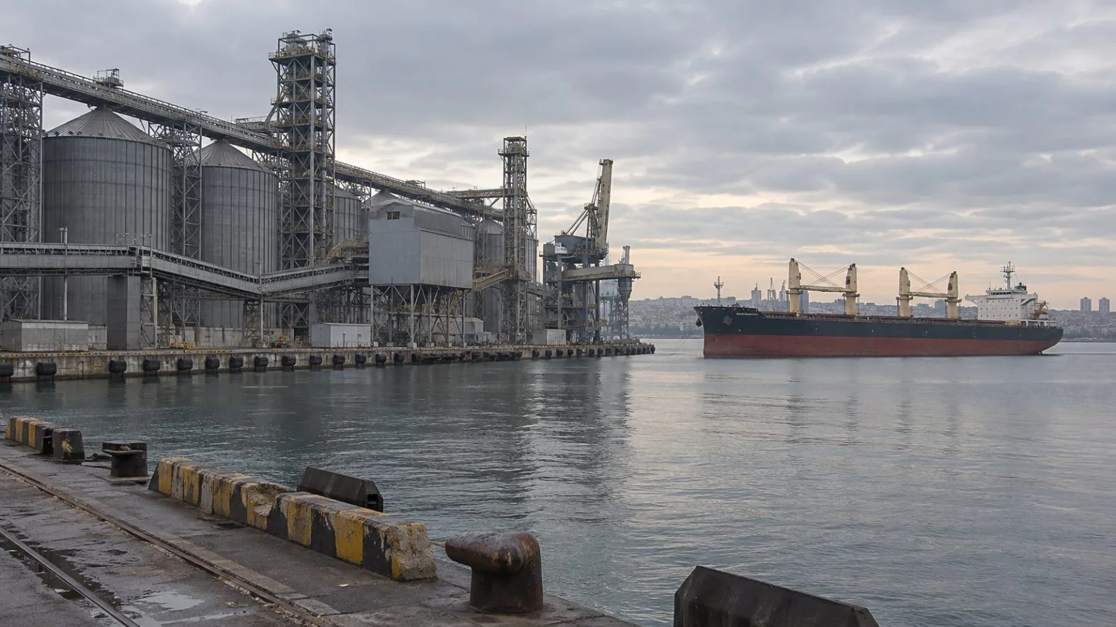 A bulk carrier sits offshore from a grain terminal on the Black Sea near Odesa, Ukraine (AI-generated image / EconoTimes)