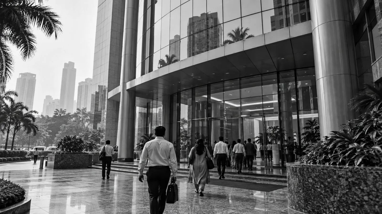 Visitors enter the Securities and Exchange Board of India headquarters in Mumbai, India. (AI-generated image / EconoTimes)