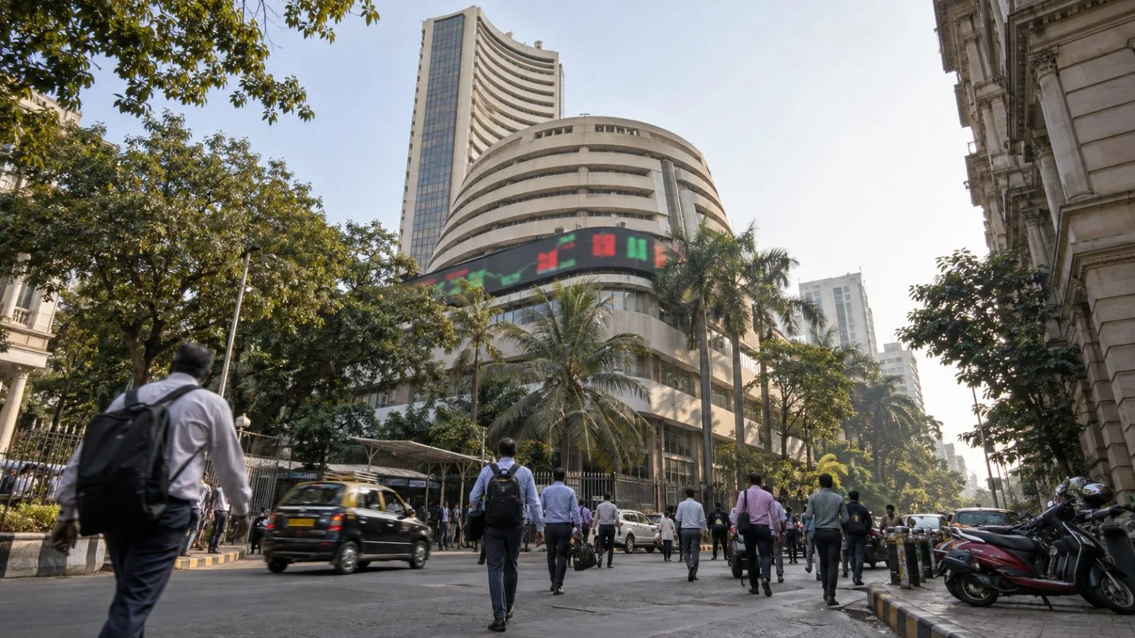 Office workers pass the Bombay Stock Exchange on Dalal Street in Mumbai. (AI-generated image / EconoTimes)