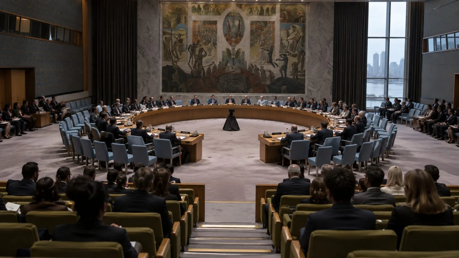 Delegates meet in the Security Council chamber at United Nations headquarters in New York. (AI-generated image / EconoTimes)