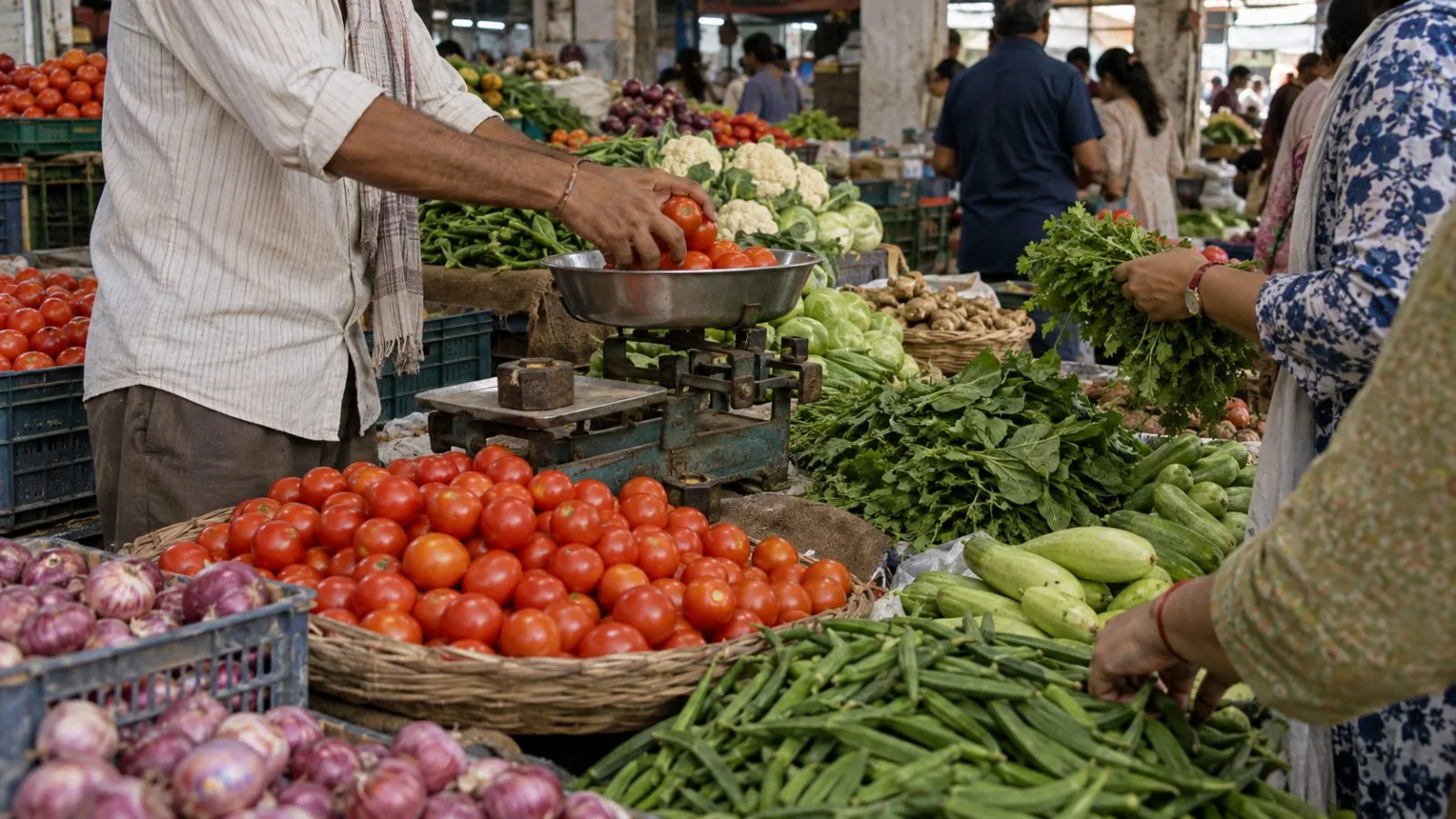 Shoppers select vegetables at a produce stall in New Delhi, India (AI-generated image / EconoTimes)