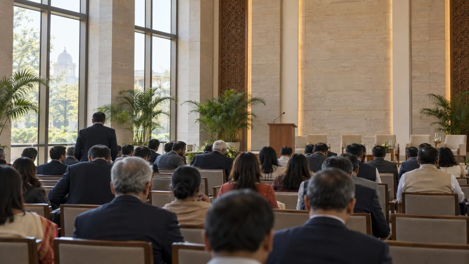 Attendees take their seats before a discussion in a New Delhi conference hall. (AI-generated image / EconoTimes)