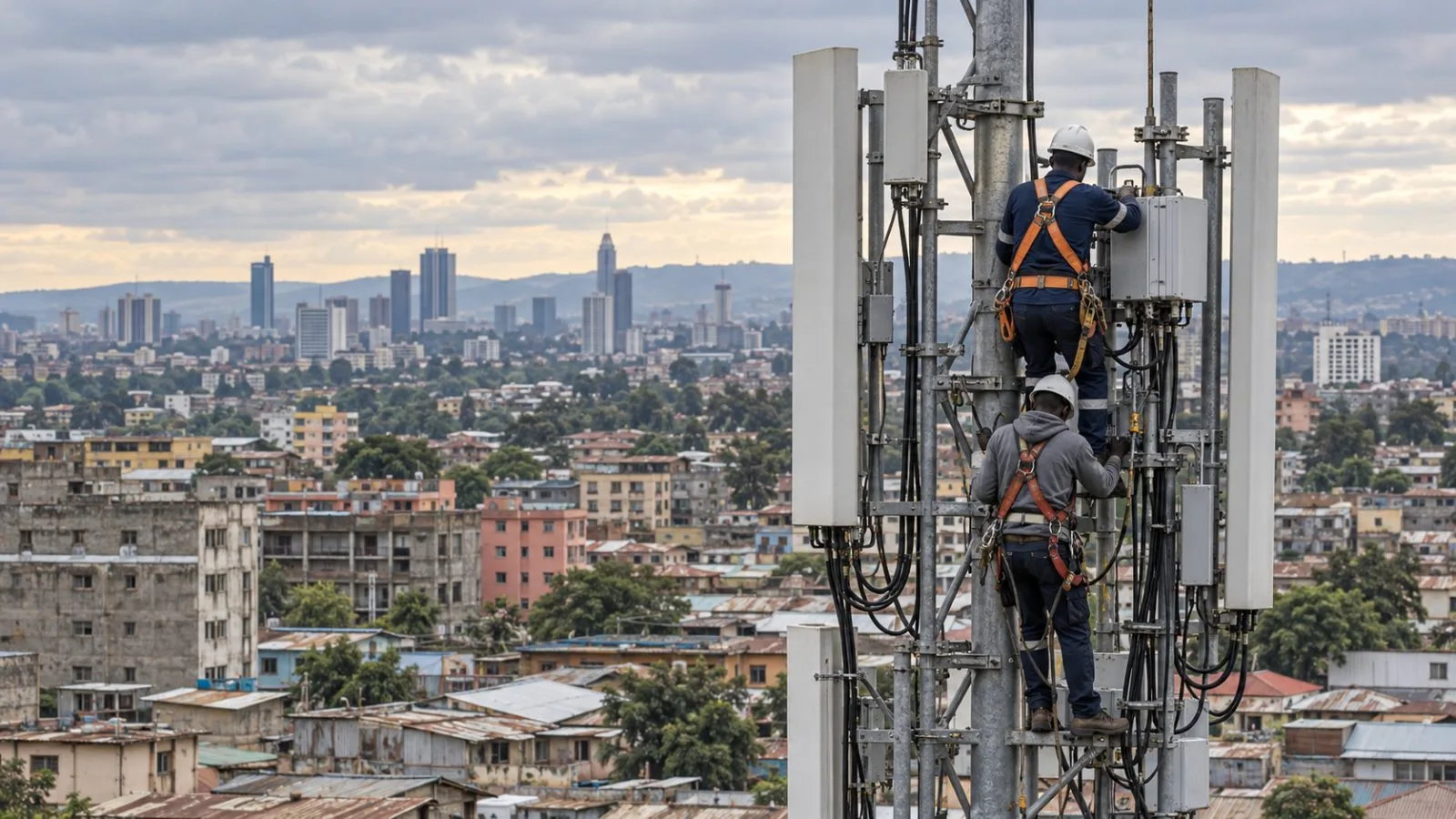 Technicians install equipment on a mobile network mast above a Nairobi neighborhood, Kenya (AI-generated image / EconoTimes)