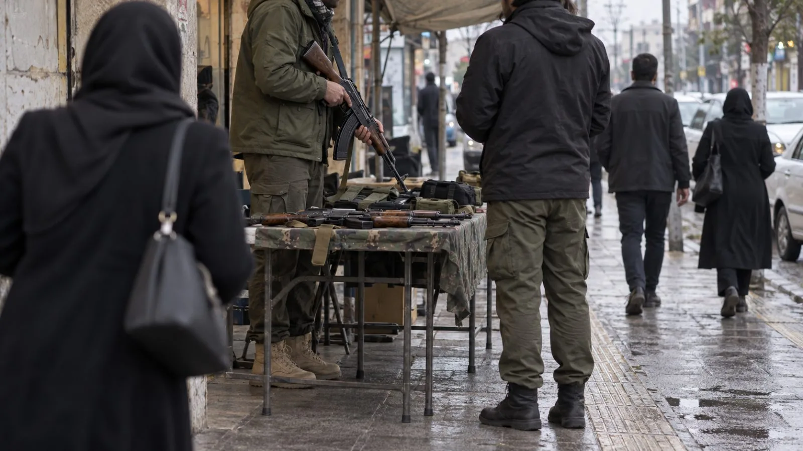 Volunteers demonstrate a rifle at a Janfada street station in Rasht, Iran. (AI-generated image / EconoTimes)