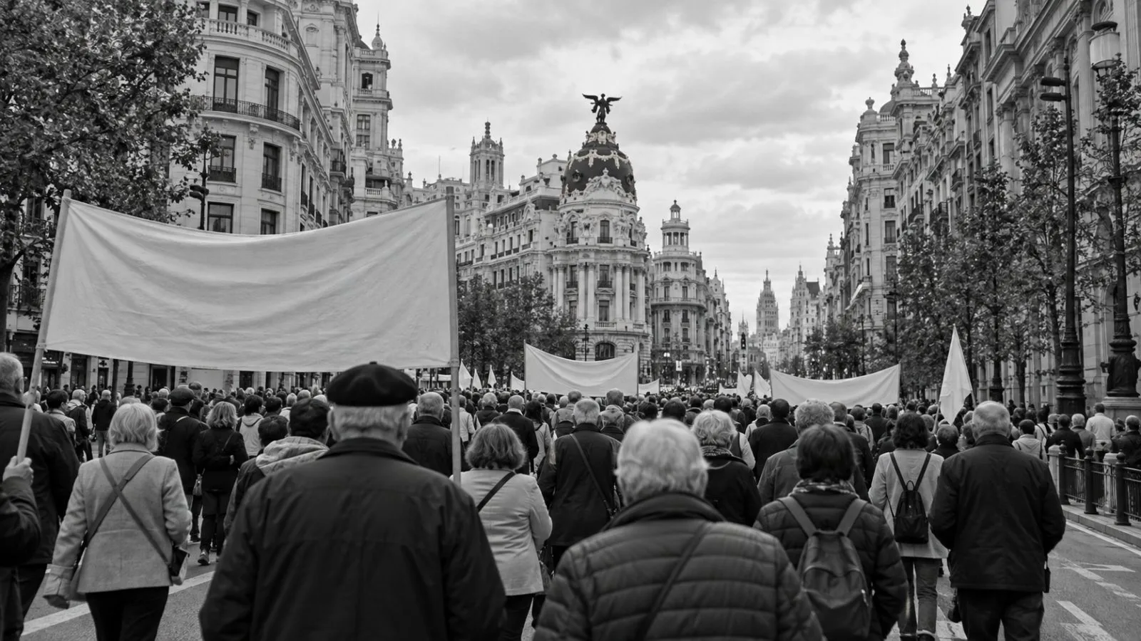 Retirees and supporters march along a central Madrid street in Spain. (AI-generated image / EconoTimes)