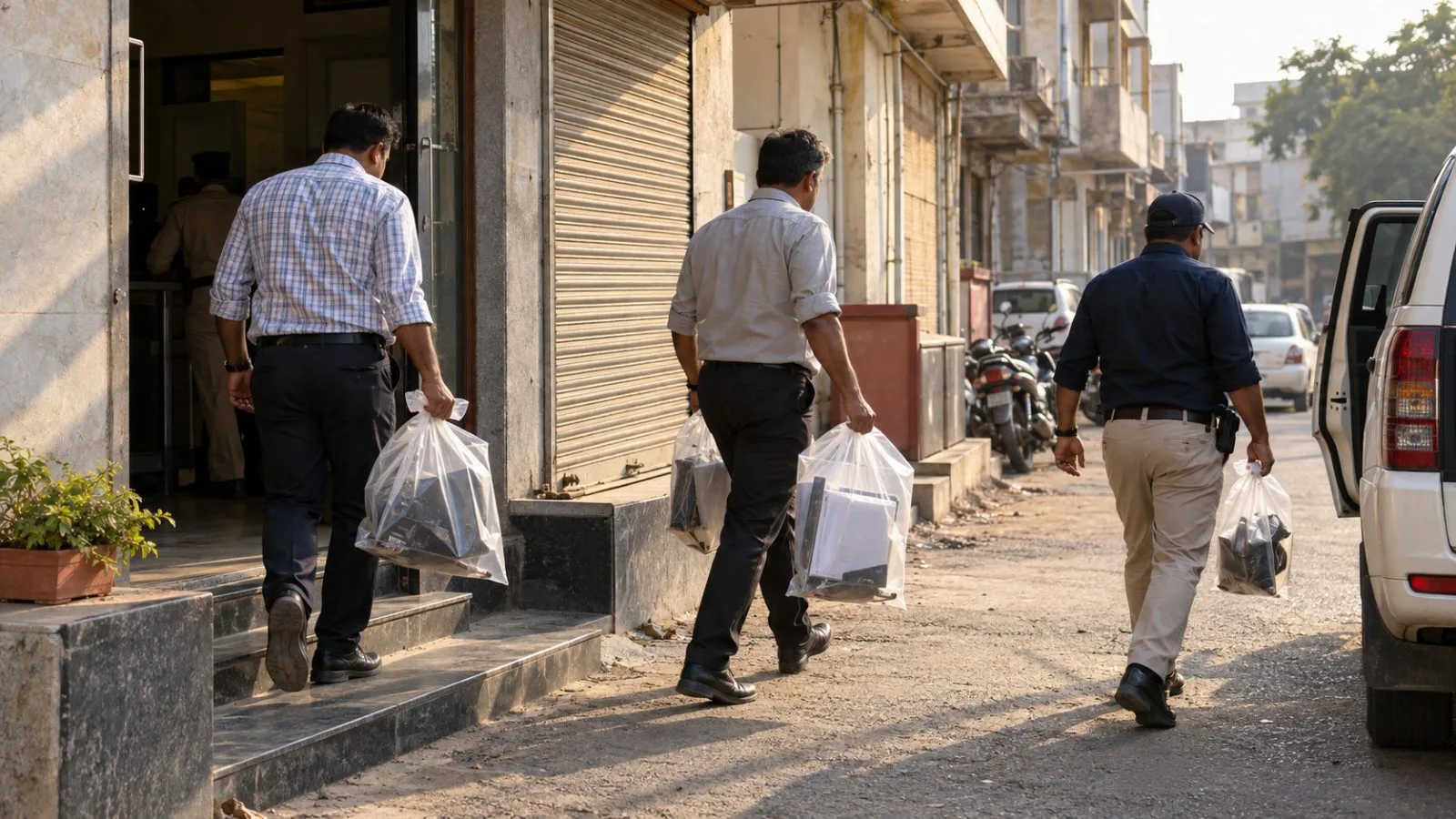 Investigators carry sealed bags outside a commercial building in Bhavnagar, India. (AI-generated image / EconoTimes)