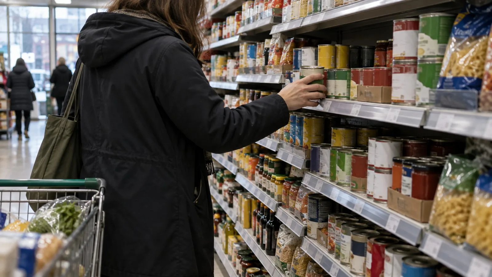 A shopper reaches for canned goods in a London supermarket aisle. (AI-generated image / EconoTimes)