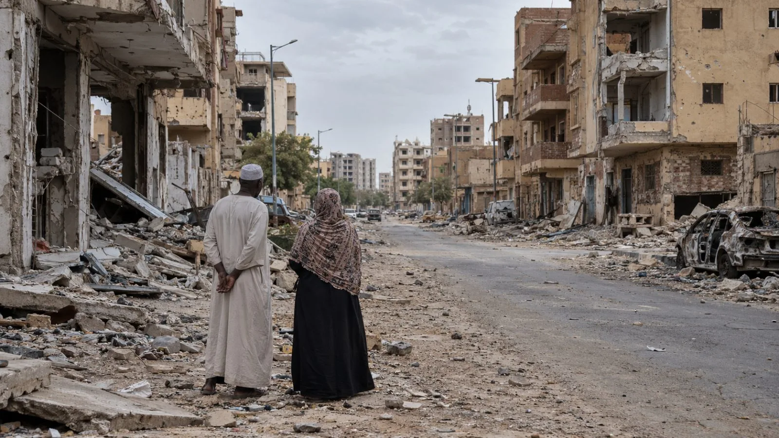 Residents survey damaged homes along a residential street in Khartoum, Sudan. (AI-generated image / EconoTimes)