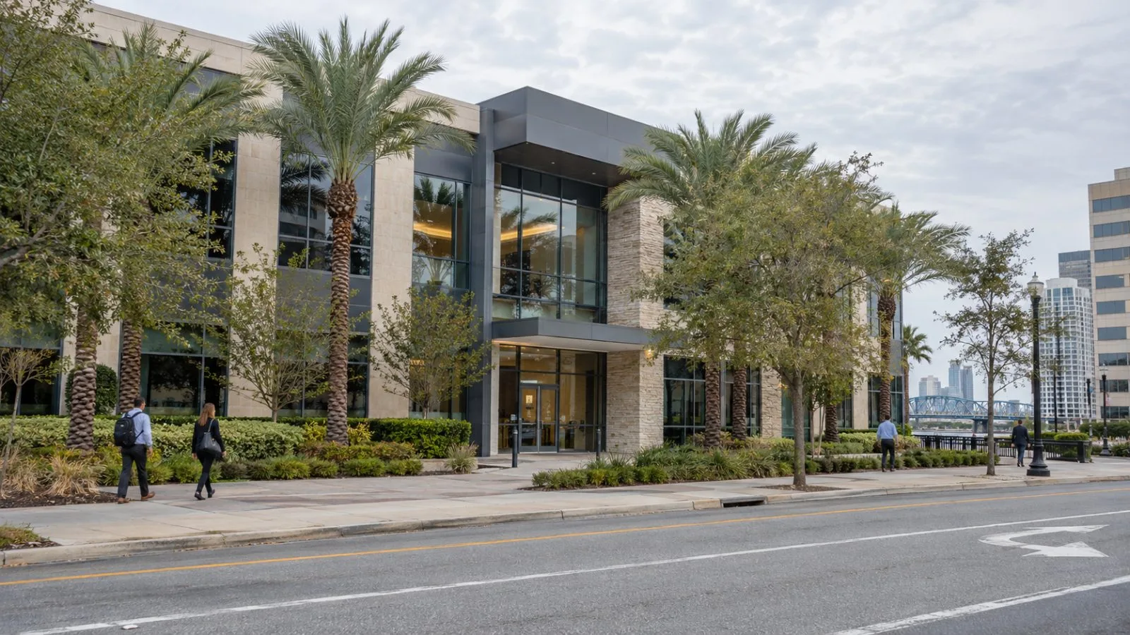 An office building facade is seen from a sidewalk in Jacksonville, Florida. (AI-generated image / EconoTimes)
