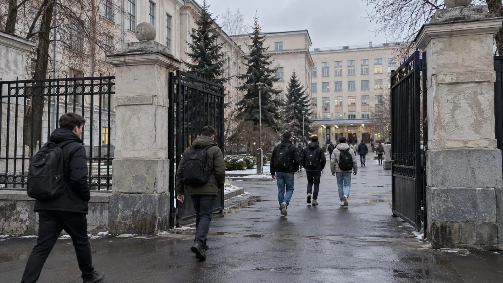 People walk past a vocational college entrance in Moscow, Russia, beneath an overcast sky. (AI-generated image / EconoTimes)