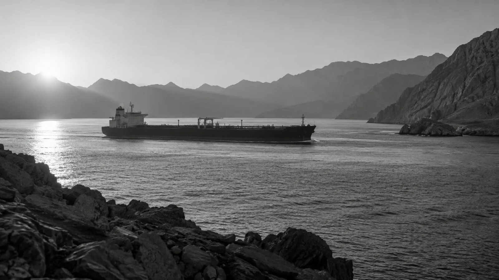 A tanker crosses the Strait of Hormuz off Khasab, Oman, at dawn. (AI-generated image / EconoTimes)