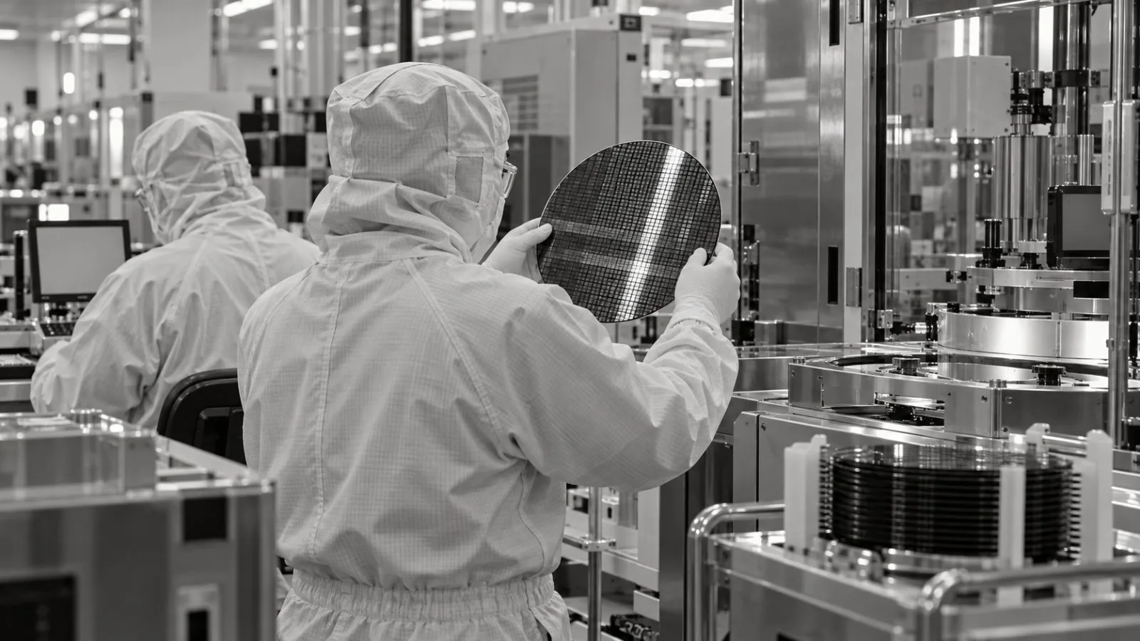 Technicians inspect a silicon wafer inside a semiconductor cleanroom in Hsinchu, Taiwan. (AI-generated image / EconoTimes)