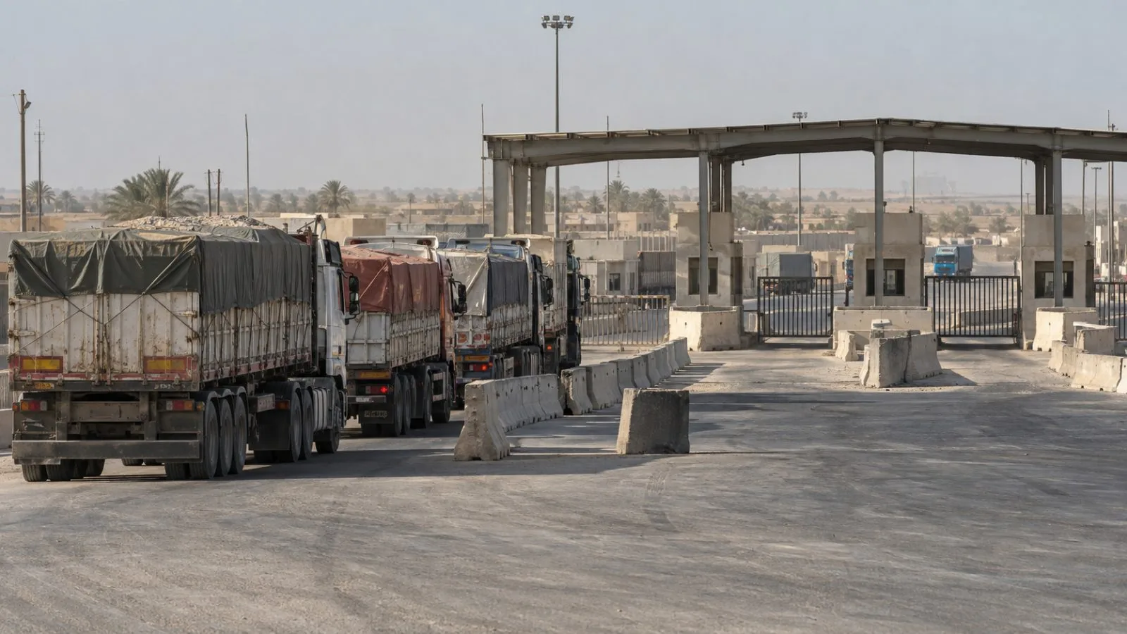 Freight trucks stand beside closed inspection lanes at Iraq’s Sheeb border crossing. (AI-generated image / EconoTimes)