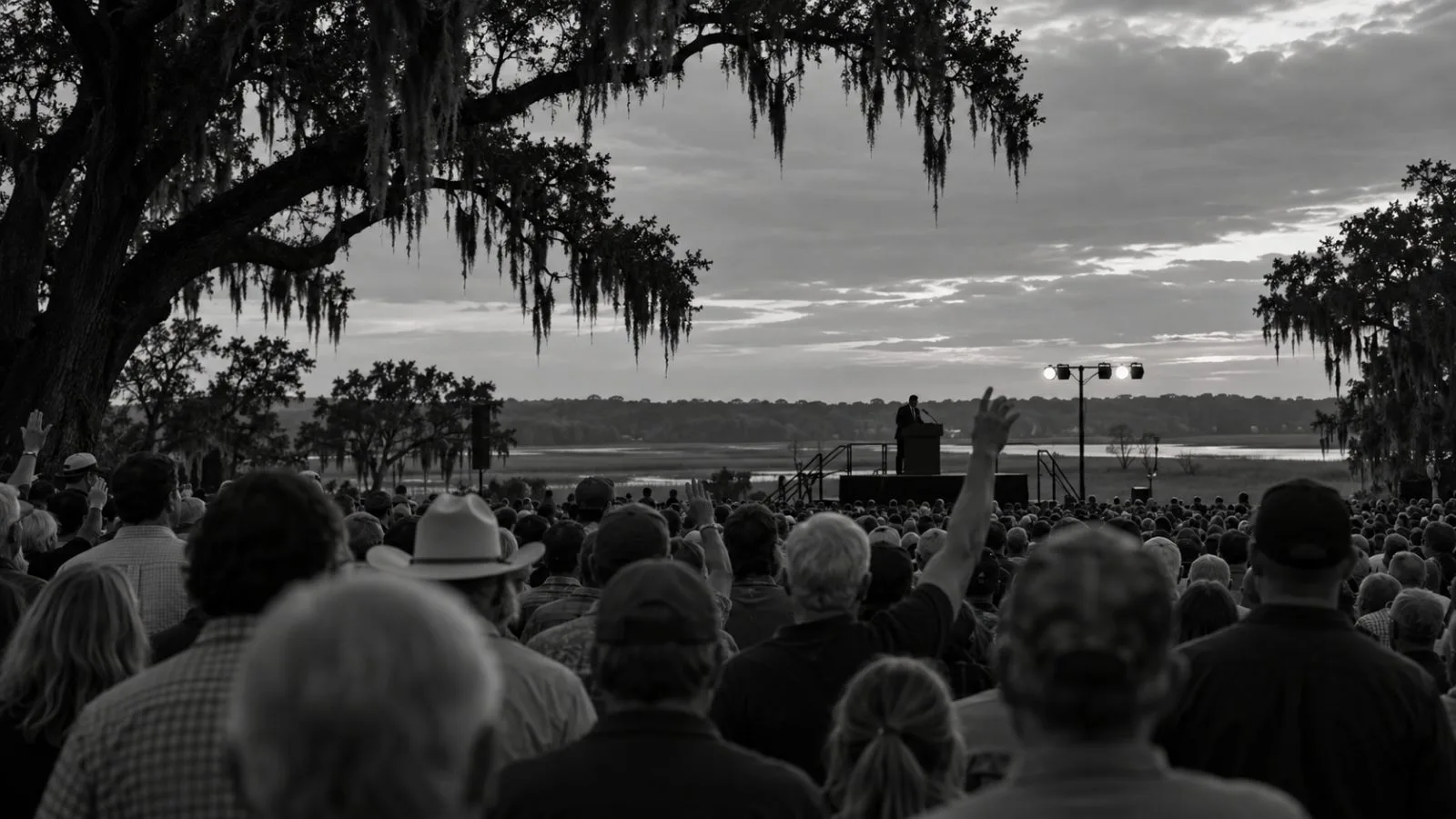Supporters face a stage at a political rally in South Carolina. (AI-generated image / EconoTimes)
