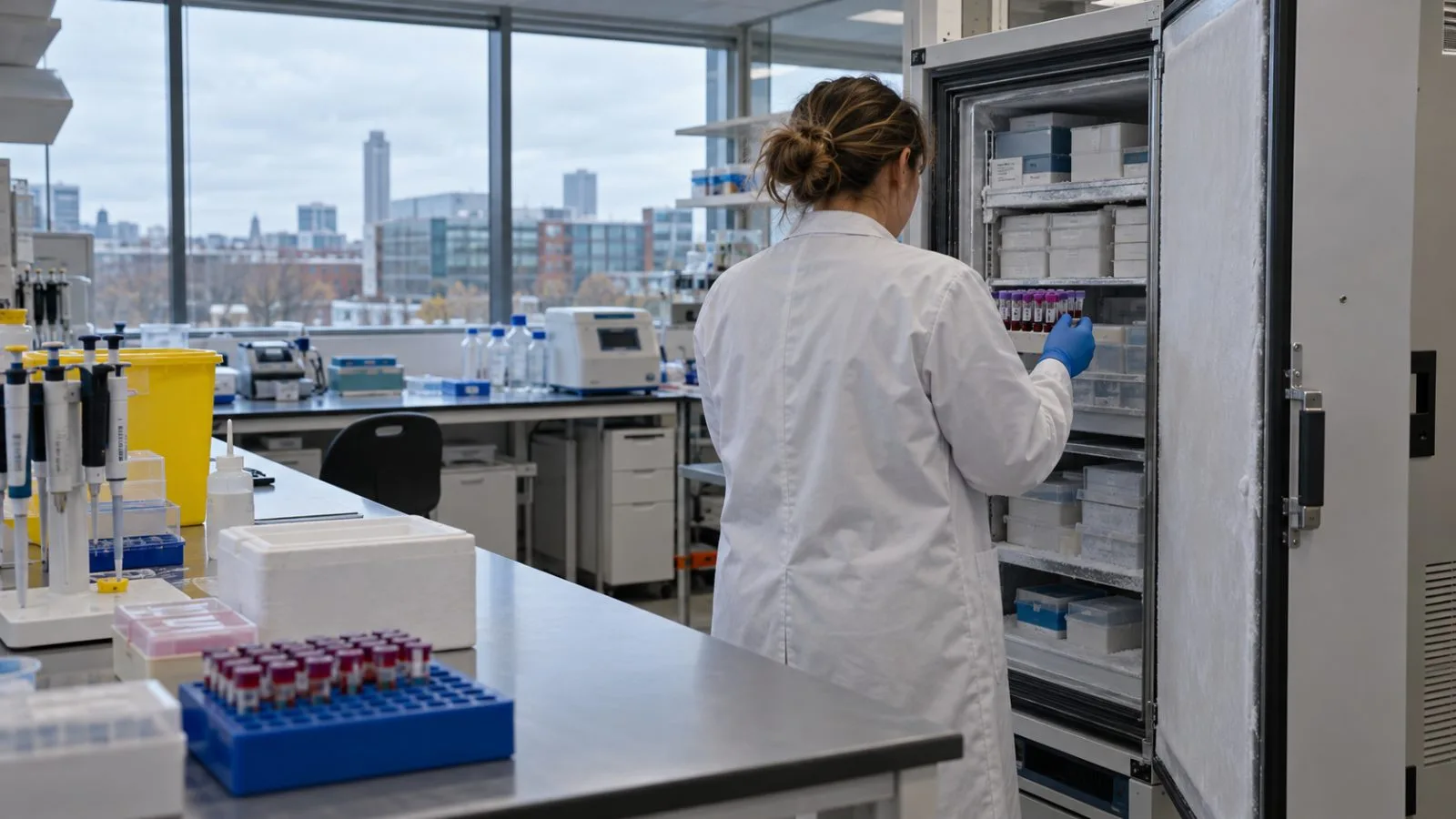 A laboratory worker handles blood sample tubes at UK Biobank’s Manchester facility. (AI-generated image / EconoTimes)