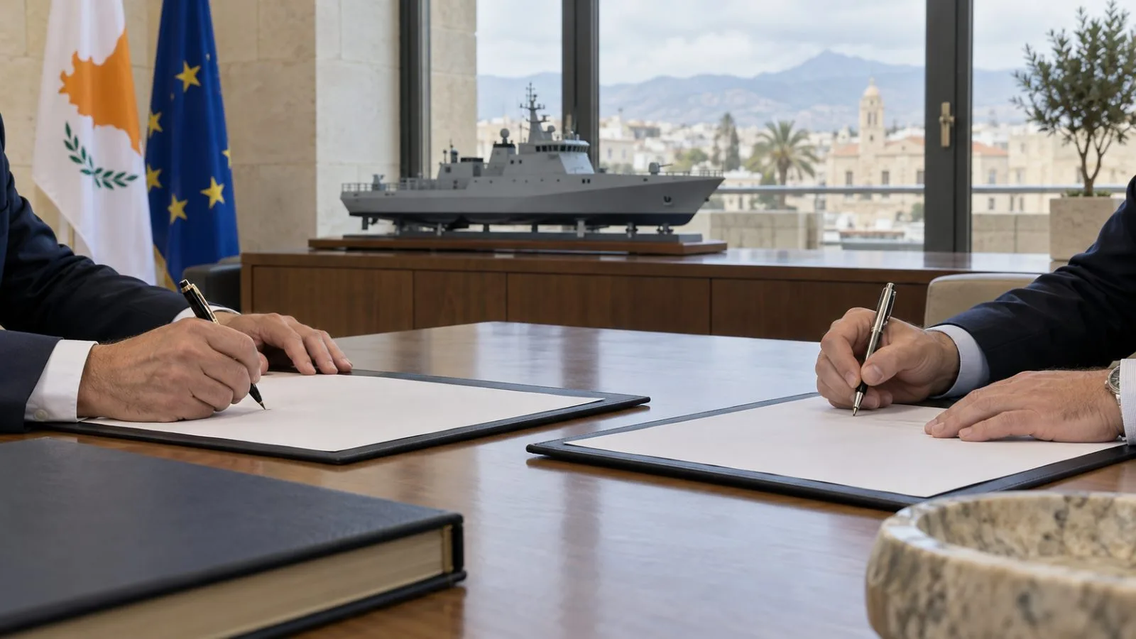 Officials sign a naval agreement in a government conference room in Nicosia, Cyprus (AI-generated image / EconoTimes)