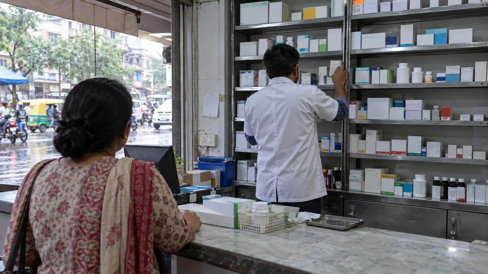 Customers enter a neighborhood pharmacy on a commercial street in Surat, India. (AI-generated image / EconoTimes)