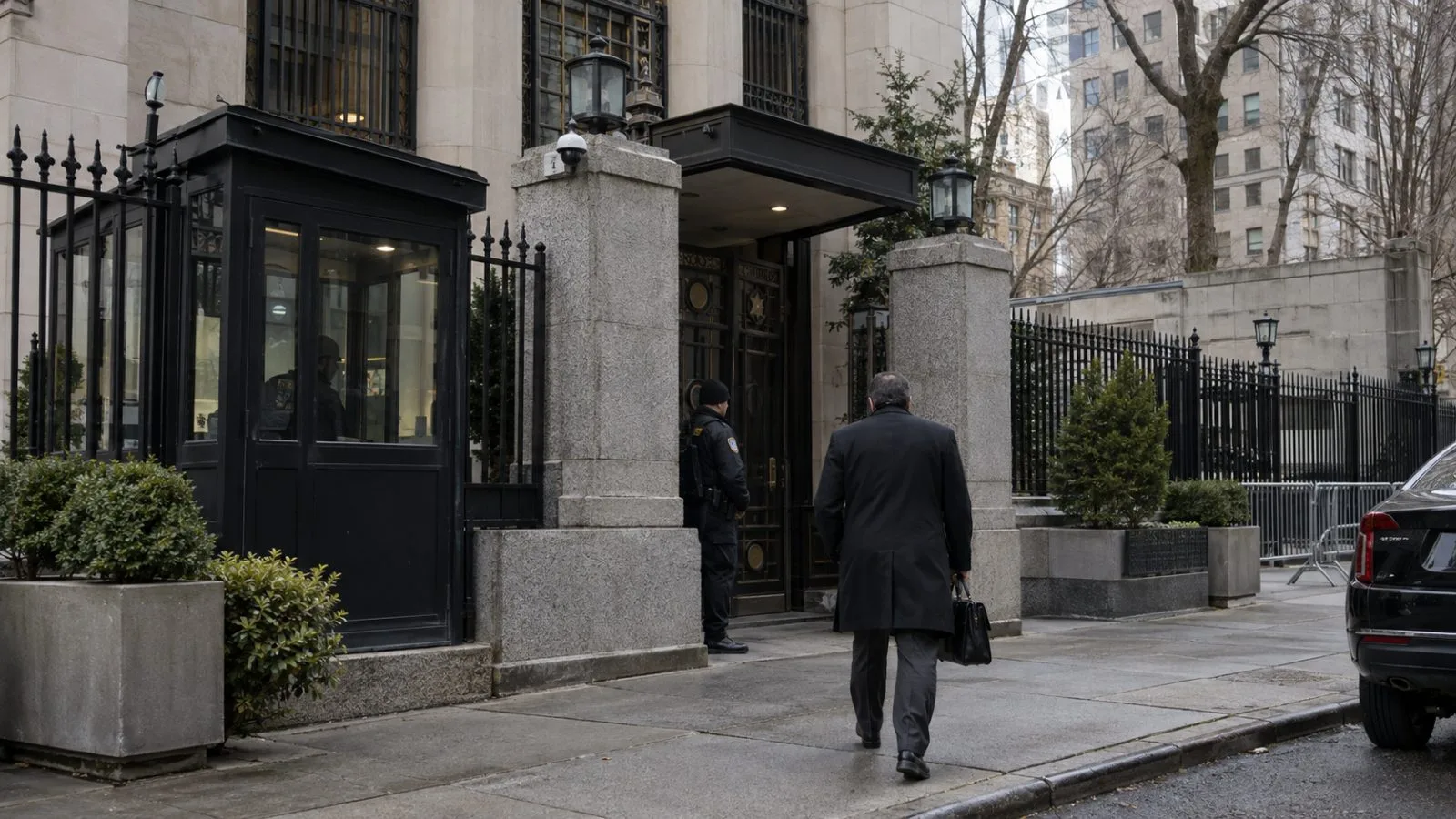 A guarded entrance marks the Iranian Mission to the United Nations in Manhattan, New York. (AI-generated image / EconoTimes)