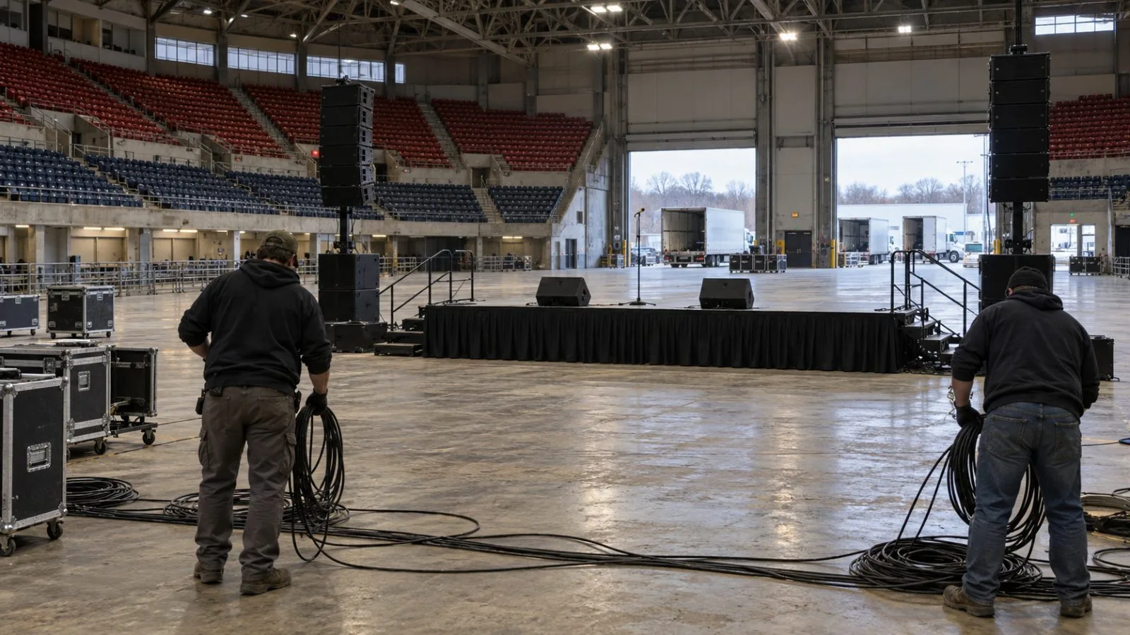 A rally stage and sound equipment stand inside an arena in Youngstown, Ohio. (AI-generated image / EconoTimes)
