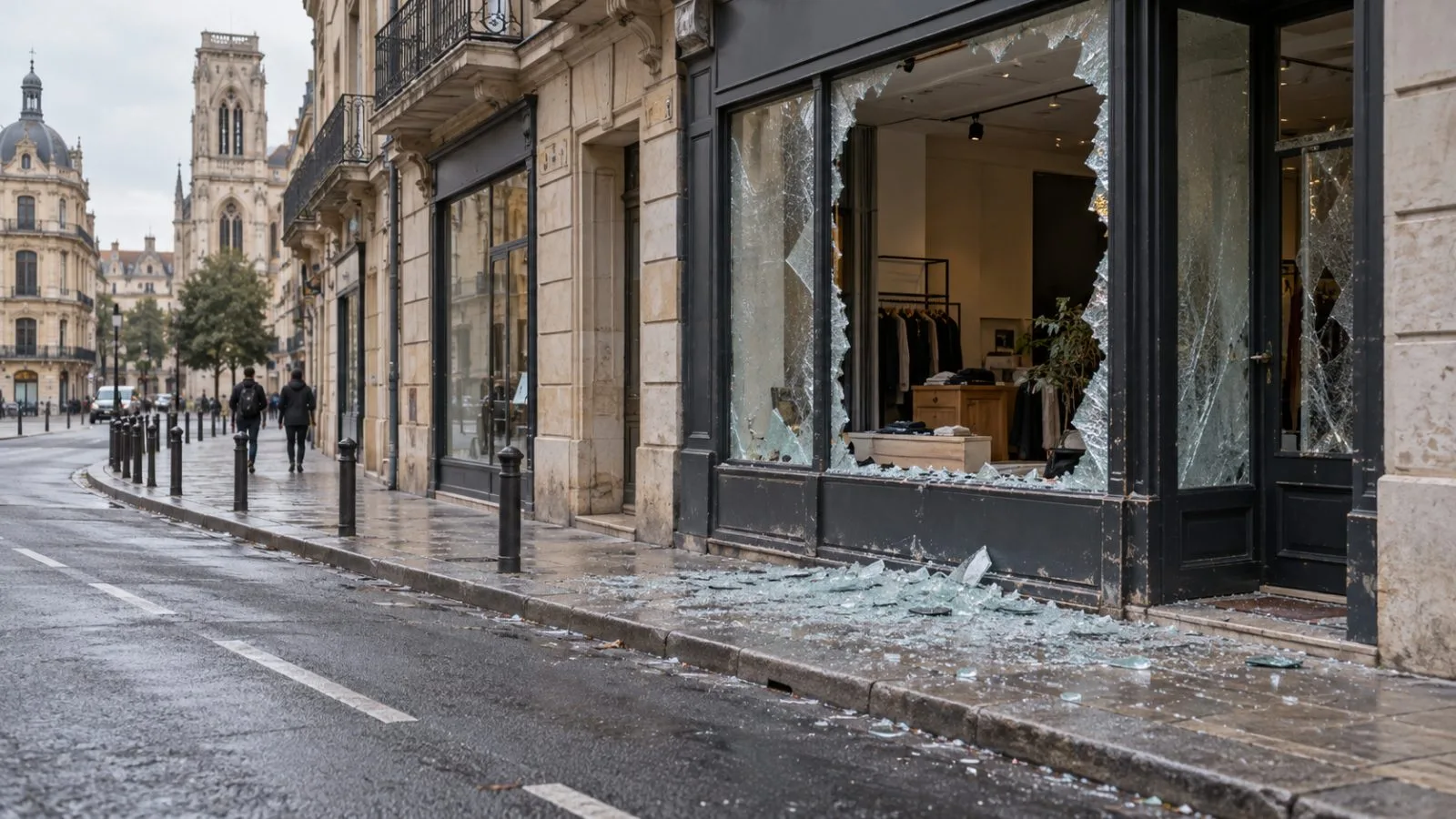 A damaged storefront stands on a commercial street in Montpellier, France, after protests. (AI-generated image / EconoTimes)