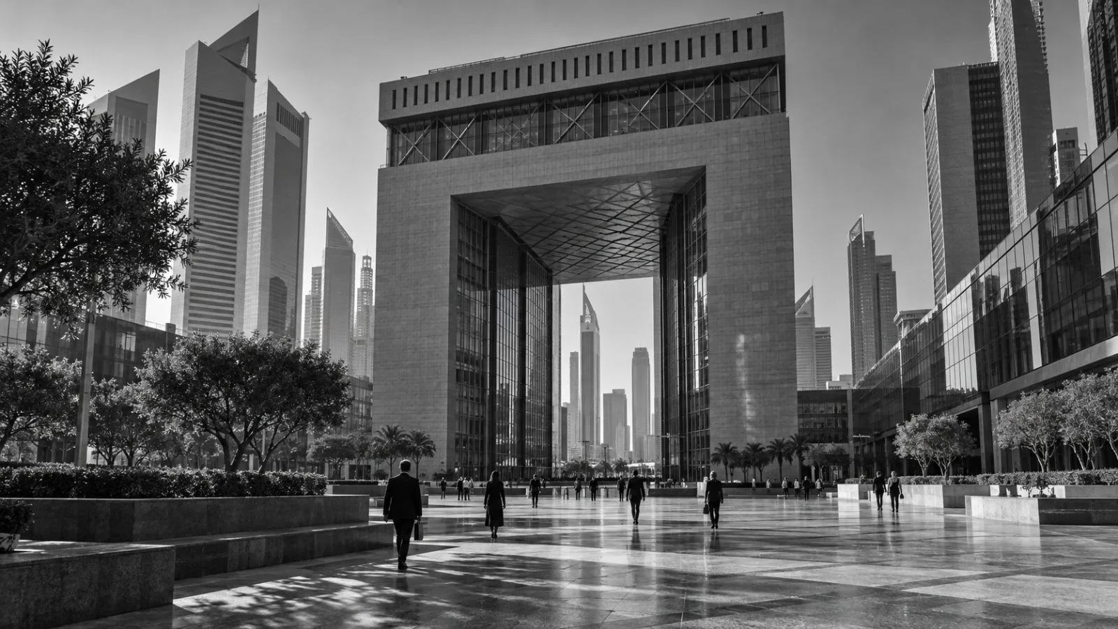 Pedestrians cross the plaza outside the Gate Building in Dubai's financial centre. (AI-generated image / EconoTimes)