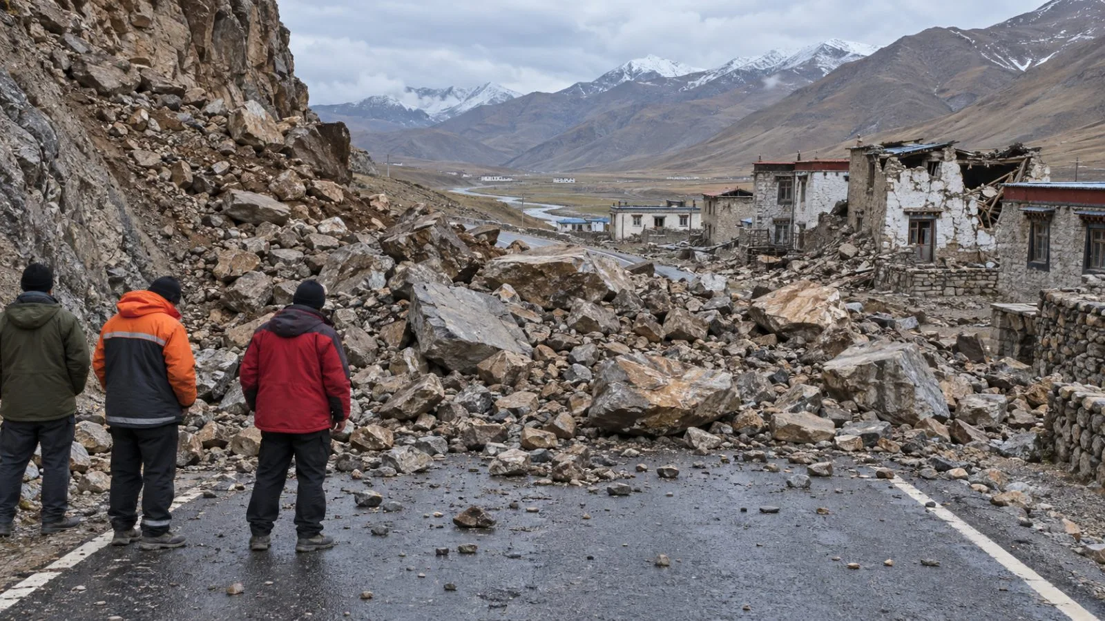 Fresh rockfall blocks a mountain road outside Nagqu in Tibet, China (AI-generated image / EconoTimes)